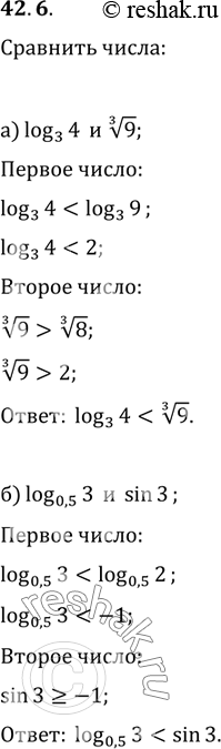 Изображение 42.6 Сравните числа:а) log3 4 и (3)корень(9);б) log0,5 3 и sin 3;в) log2 5 и (3)корень(7);г) lg 0,2 и cos...