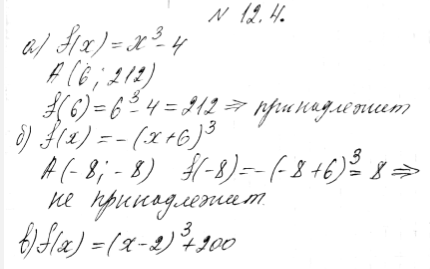 Изображение 12.4. Принадлежит ли графику функции у = f(x)	точка А, если:а) f(x) = х3 - 4, А(6; 212);б) f (х) = -(х + 6)3, А(-8; -8);в) f(x) = (х - 2)3 + 200, А(-8; 800);г)...