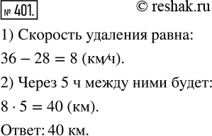 Изображение 401. Из одного порта в другой одновременно отправились теплоход и катер. Скорость теплохода составляет 28 км/ч, а скорость катера — 36 км/ч. Какое расстояние будет между...