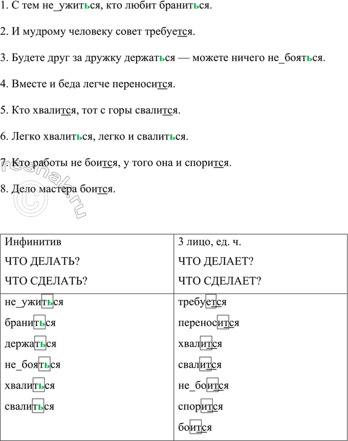 Изображение Выпишите глаголы и распределите их на две группы: а) стоящие в неопределённой форме; б) употреблённые в форме 3-го лица. Обозначьте окончание -ть (-ти) в неопределённой...