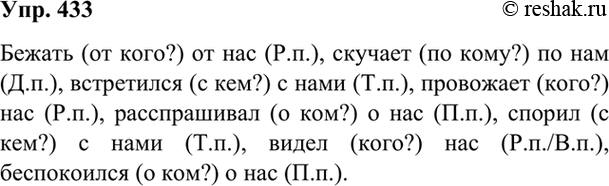 Изображение 433 Запишите словосочетания «глагол + личное местоимение мы в косвенном падеже». Укажите падеж местоимения.Бежать (от кого?) ..., скучает (по кому?) встретился (с...
