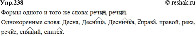 Изображение 238. Прочитайте. Выпишите формы одного и того же слова. Обозначьте окончания. Выпишите однокоренные слова. Обозначьте в них суффиксы и приставки.Река Десна. Скорей,...